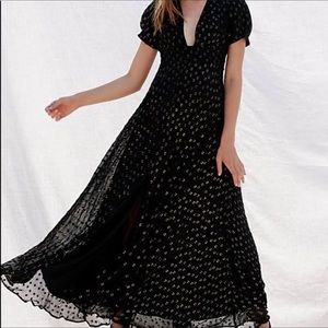 Free people black with gold metallic dots wanderer maxi dress